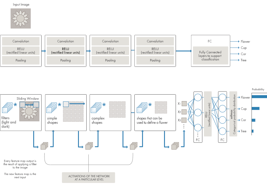 Figure 2. Example of a network with many convolutional layers. Filters are applied to each training image at different resolutions, and the output of each convolved image serves as the input to the next layer. 